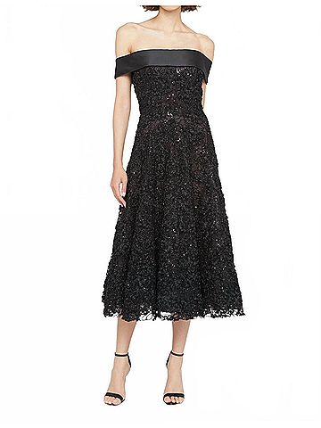 Theia Roxy Off Shoulder A Line Floral Lurex Midi Dress in Black (view 2)