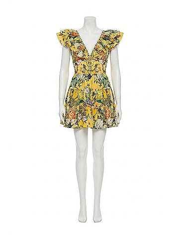 Camilla Tiered Short Dress With Neck Frill in Paths Of Gold (view 1)