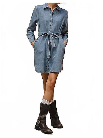 Skies Are Blue Washed Denim Buttondown Shirt Dress in Blue (view 2)