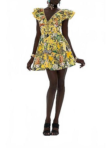 Camilla Tiered Short Dress With Neck Frill in Paths Of Gold (view 2)