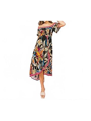 Flying Tomato Tropical Off Shoulder Hi-Lo Midi Dress in Black (view 2)