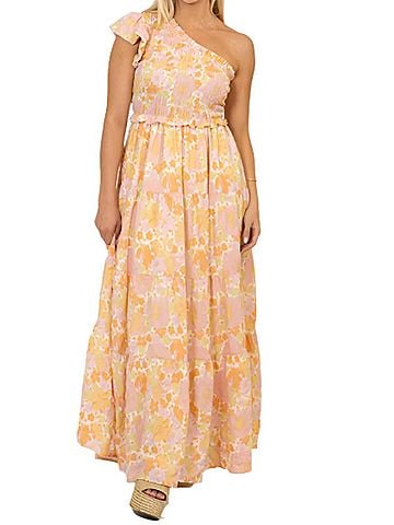 Karlie Emilie Floral One Shoulder Maxi Dress in Salmon Pink And Yellow (view 2)