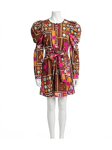 Karlie Floral Frame Puff-Sleeve Mini Shirt Dress in Brown (view 1)