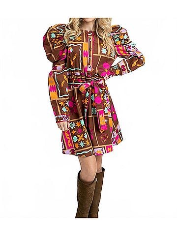 Karlie Floral Frame Puff-Sleeve Mini Shirt Dress in Brown (view 2)