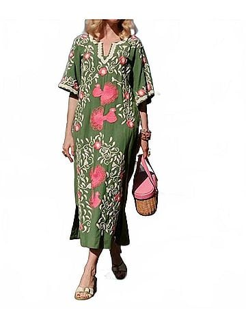 Frances Valentine Embroidered Charming Caftan in Green Peacock (view 2)