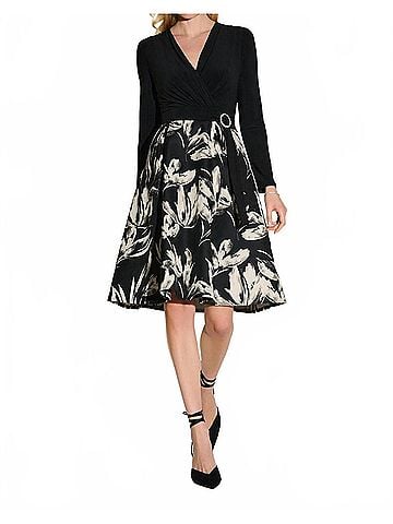 Joseph Ribkoff Floral Jacquard Fit And Flare Dress in Black/Off-White (view 2)
