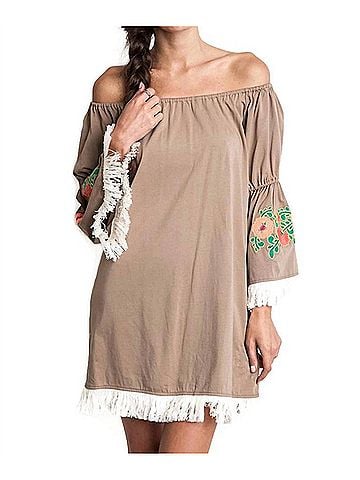 Umgee Embroidered Off The Shoulder Dress in Mocha (view 2)