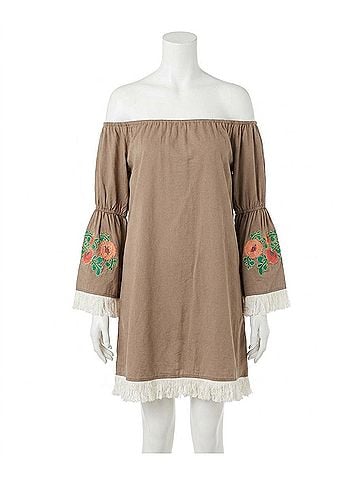 Umgee Embroidered Off The Shoulder Dress in Mocha (view 1)