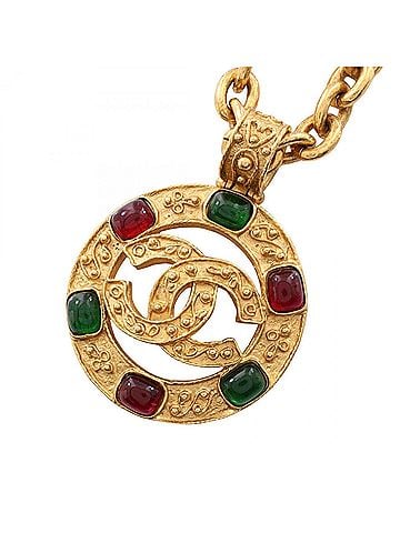 Chanel Chanel Coco Mark Gripoix Necklace, Gold Plated (GP) Rhinestone Necklace for Women, Gold, Green, Red Tones (view 1)
