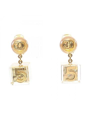 Chanel Chanel Coco Mark Cube Earrings, Gold Plated (GP), Resin, Women's, Tone, Clear Tone (view 1)
