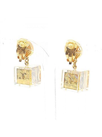 Chanel Chanel Coco Mark Cube Earrings, Gold Plated (GP), Resin, Women's, Tone, Clear Tone (view 2)