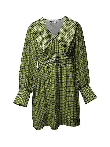 Ganni Ganni Wide Collar Smocked Mini Dress in Yellow Print Polyester (view 1)