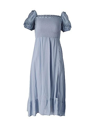 Reformation Reformation Smocked Puff Sleeve Dress in Light Blue Viscose (view 1)