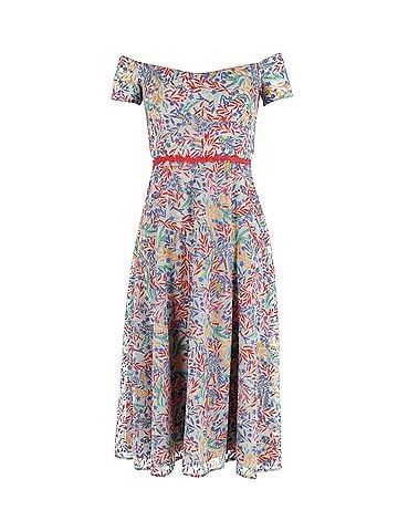 Saloni Saloni Off-Shoulder Floral Printed Midi Dress in Multicolor Polyester  (view 1)