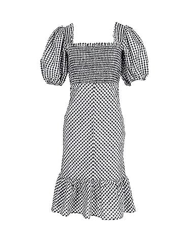 Ganni Ganni Smocked Puff Sleeve Gingham Dress in Black and White Polyester (view 1)