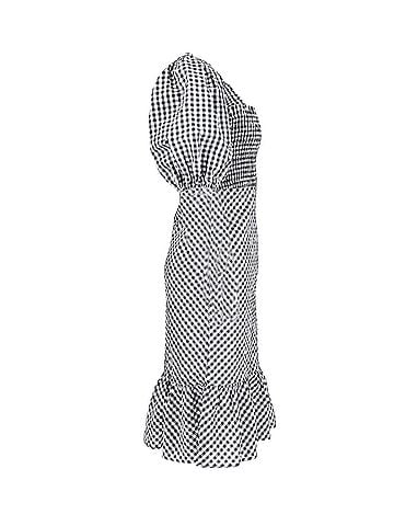 Ganni Ganni Smocked Puff Sleeve Gingham Dress in Black and White Polyester (view 2)
