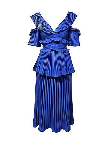 Self-Portrait Self-Portrait Ruffled Tiered Pleated Dress in Blue Polyester (view 1)