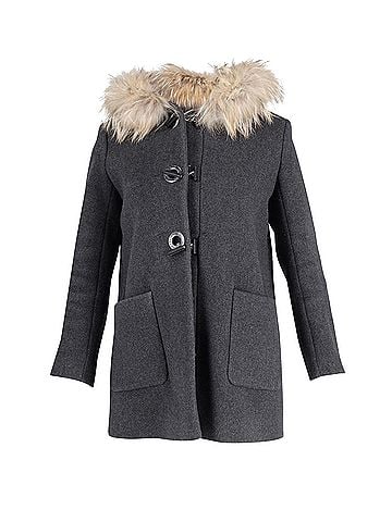 Sandro Sandro Fur Trimmed Hooded Coat in Grey Wool (view 1)