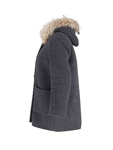 Sandro Sandro Fur Trimmed Hooded Coat in Grey Wool (view 2)