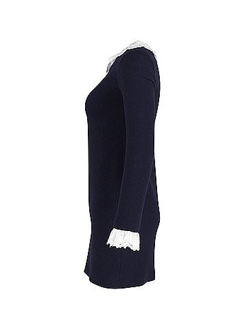 Victoria Beckham Victoria Beckham Broderie Anglaise-trimmed Mini Shift Dress in Navy Blue Wool (view 2)