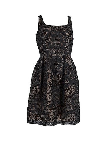Oscar De La Renta Oscar de la Renta Scoop Neck Embroidered Overlay Dress in Black Silk (view 1)