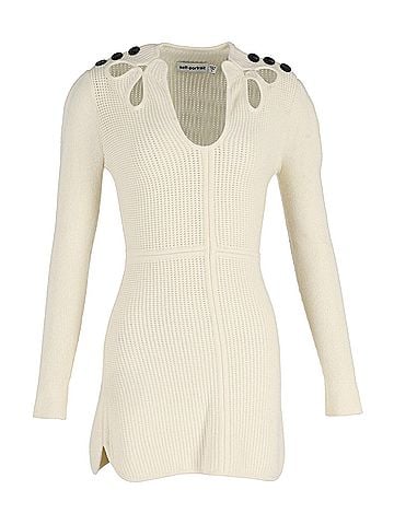 Self-Portrait Self-Portrait Button-Embellished Cutout Ribbed Mini Dress in Cream Cotton (view 1)