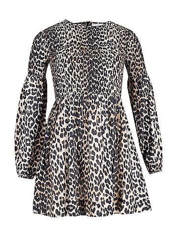 Ganni Ganni Shirred Mini Dress in Animal Print Cotton (view 1)