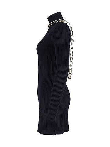 Dion Lee Dion Lee Chain-Embellished Open-Back Ribbed-Knit Mini Dress in Navy Blue Viscose (view 2)