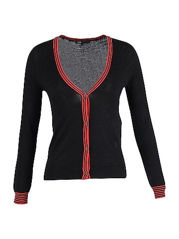 Maje Maje Knitted Button-Down V-Neck Cardigan in Black and Red Wool (view 1)