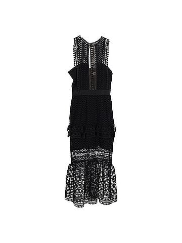 Self-Portrait  Self-Portrait Laser Cut Midi Frilled Column Dress in Black Polyester (view 2)