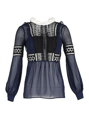 Self-Portrait  Self-Portrait Lace Detail Long Sleeve Blouse in Navy Blue Polyester (view 1)
