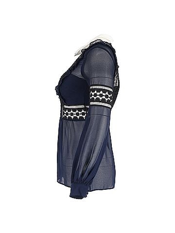 Self-Portrait  Self-Portrait Lace Detail Long Sleeve Blouse in Navy Blue Polyester (view 2)