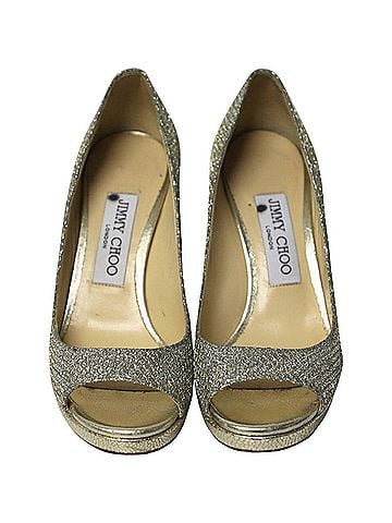 Jimmy Choo Jimmy Choo Metallic Luna Open Toe Pumps in Gold Leather (view 2)