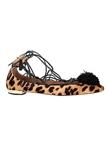 Aquazzura Aquazzura Sunshine Leopard-Print Lace-Up Ballerina Flats in Brown Leather (view 1)