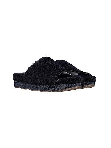 Chloé Chloe Wavy Slides in Black Shearling and Leather  (view 2)