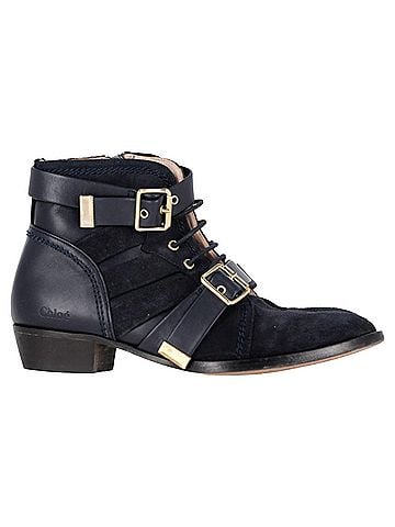 Chloé  Chloé Buckled and Lace-Up Detail Ankle Boots in Black Suede (view 1)