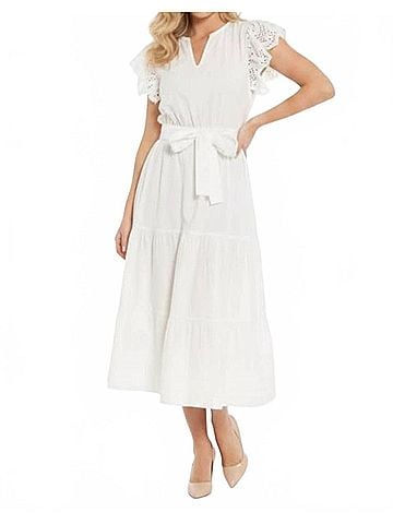 Nicole Miller Belted Eyelet Sleeve Tiered Dress in Brilliant White (view 2)