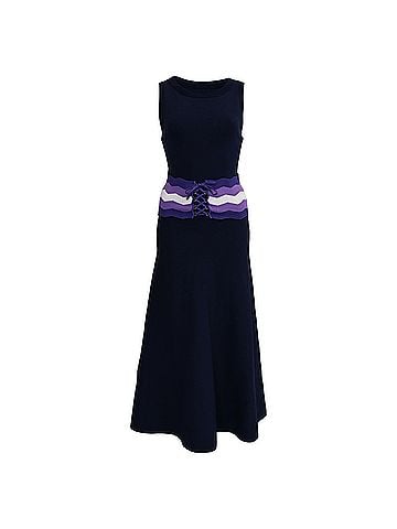 Sandro Sandro Kimiko Corset-Detail Midi Dress in Navy Blue Polyester  (view 1)