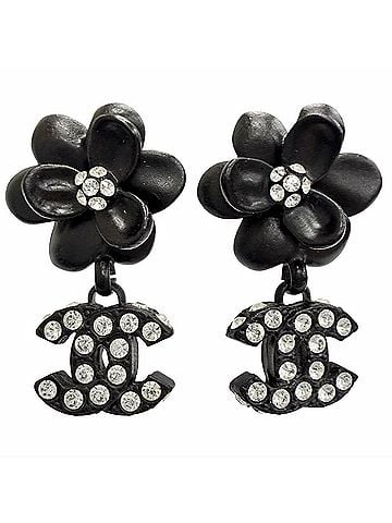 Chanel CHANEL Vintage 02A Camellia Coco Mark Rhinestone Earrings (Pair) Black, Made in France, Women's, with Box (view 1)