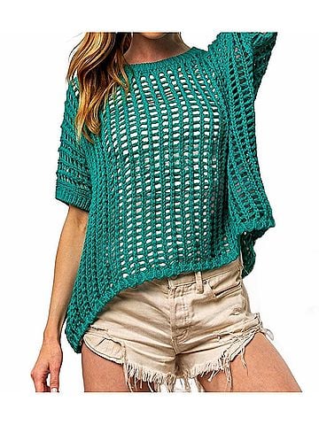 Bibi Short Sleeve Net Crochet Top in Jade (view 2)