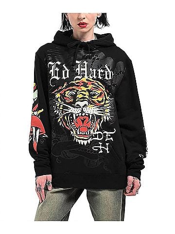 Ed Hardy Tiger Head Rhinestone Hoodie in Black (view 2)