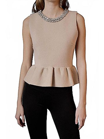 Endless Rose Jewel Trim Keck Peplum Knit Top in Beige (view 2)