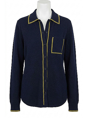 White + Warren Cashmere Tipped Button Shirt in Deep Navy/Bright Olive (view 1)