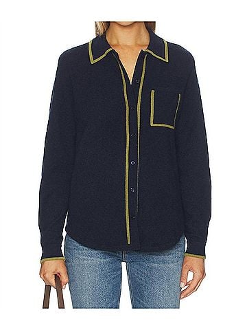 White + Warren Cashmere Tipped Button Shirt in Deep Navy/Bright Olive (view 2)