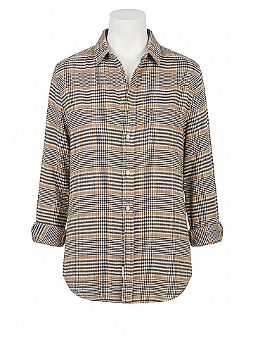 Frank & Eileen Relaxed Long Sleeve Button-Up Shirt in Camel And Black Plaid (view 1)