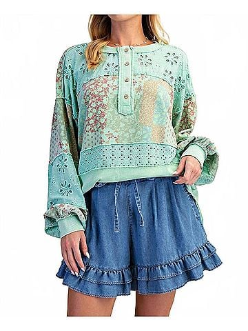 Easel Mixed Print Button Front Washed Top - Plus in Atlantis Green (view 2)