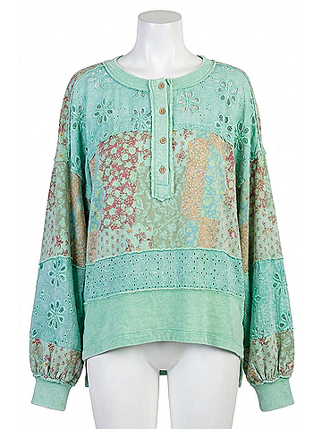 Easel Mixed Print Button Front Washed Top - Plus in Atlantis Green (view 1)