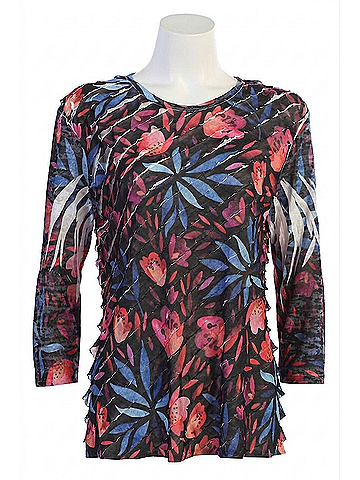 Jess & Jane Women's Europa Sublimination Ruffle Top in Multicolored Abstract Floral (view 1)