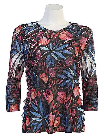 Jess & Jane Women's Europa Sublimination Ruffle Top in Multicolored Abstract Floral (view 2)