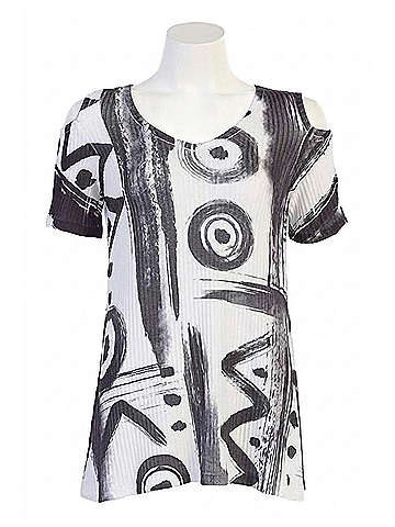 Jess & Jane Women's Puzzle Ribbed Open Shoulder Top in Black White Abstract (view 1)
